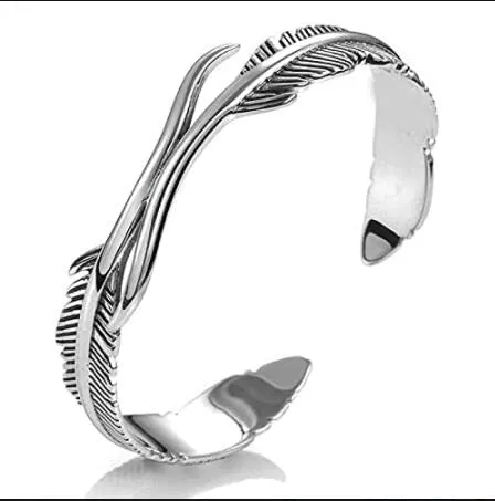 QYAQ Bracciale Argento Donna,Signore 925 Braccialetto d'Argento Regolabile Boho Polsino di Piume Braccialetto Scolpire A Mano Bracciali di Piume Regali di Compleanno per Sorelle Amiche Coppie Mamma