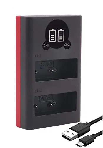 Baxxtar Dual LCD 18802 - compatibile con la batteria Olympus BLS-5 BLS-50 BLS-1 - Mini caricatore - alimentato da USB-C o Micro-USB