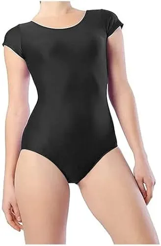 BODYWEAR LTD Body da ragazza a maniche corte in nylon lucido, vestibilità comoda, abbigliamento per le prestazioni, essenziale per lezioni di danza, danza, danza, scuola, abbigliamento sportivo, Nero