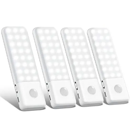 Luce Notte 48 LED Luci Armadio[4 Pack],Trswyop Lampada Armadio con Sensore di Movimento,Usb Batteria Ricaricabile Luce Emergenza,Con Strisce Magnetiche per Armadio,Corridoio,Armadio,Cucina,3 Modalità