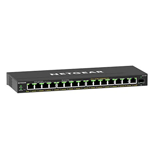 NETGEAR Switch PoE Plus 16 Porte GS316EP, Supporto VLAN, QoS, Switch Ethernet Gigabit con 15 PoE+ a 180 W, 1 porta SFP da 1G, Montaggio Desktop o a Parete