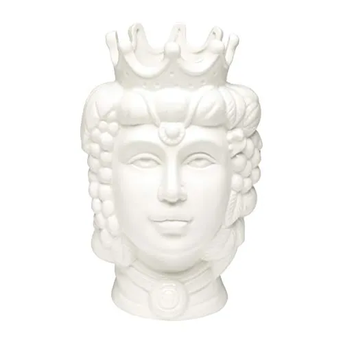 Baroni Home Testa di Moro in Porcellana Stile Siciliano con Corona. Vaso per Piante da Interno Regina Bianca 14X14X22cm