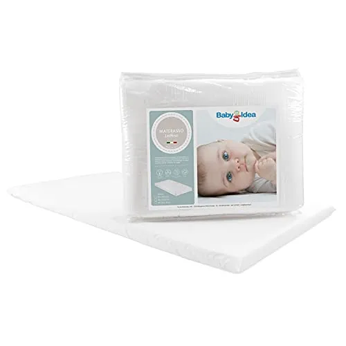 baby idea Materasso Lettino da Campeggio Universale Sfoderabile Pieghevole Antisoffoco Federa Cotone 100% Oeko Tex Certi Pur a Norma EN 16890:2017 Pratica Borsa Viaggio Made in Italy (60x120X4 Bianco)