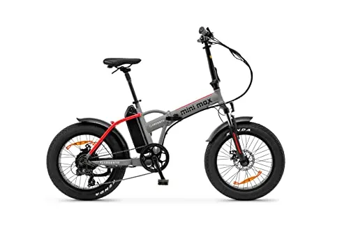 Argento Mini Max, Bici Elettrica, Pieghevole , Ruote Fat 20"x 4, Freni a Disco Meccanico, Motore 250W, Peso Max Supportato 100 kg, Batteria Samsung 375Wh, 26 kg, Grigio Mat/Rosso