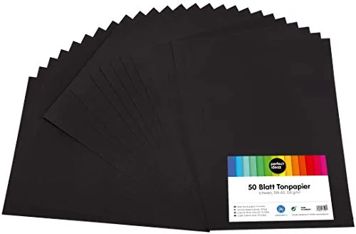 perfect ideaz cartoncini di carta da zucchero neri, 50 fogli di colore nero in formato A3, colorazione integrale, spessore 130g/m², fogli per bricolage di alta qualità