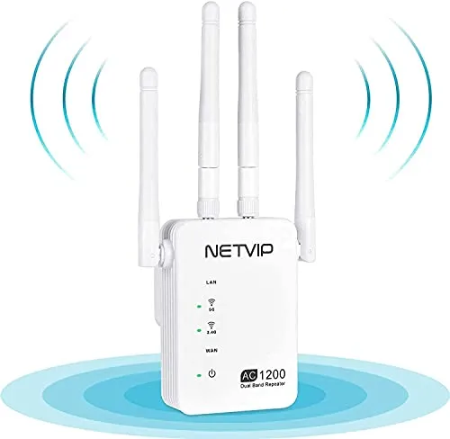 NETVIP Ripetitore WiFi 1200Mbps Amplificatore Segnale WiFi Ripetitore Dualband (5GHz 867Mbps/2,4GHz 300Mbps) WiFi Extender con 2 Porta LAN, 4 Antenne,Compatibile con Modem,Facile da Installare