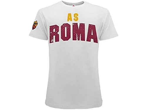 T Shirt Ufficiale Roma. Modello Scritta AS Roma Giallorossa. Stemma sulla Manica. Colore Bianco. Prodotto su Licenza del Club. 100% Cotone. (M)