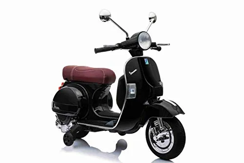 LAMAS TOYS Moto Scooter Elettrico per Bambini Vespa PX 150 12V con Rotelle Sella in Pelle Nero (Nero)