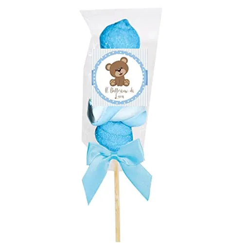 Spiedini di Marshmallow con tag personalizzabili kit fai da te grafica a scelta per caramellata regalini fine festa compleanno comunione nozze (Battesimo orsetto celeste)