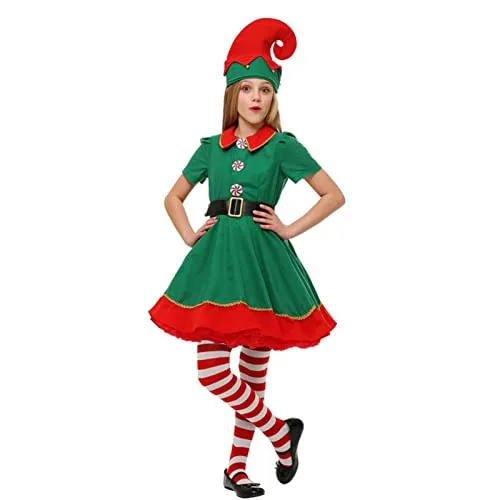 Eayoly Unisex Adulti Bambini Costume da Elfo di Natale Costume da Elfo di Babbo Natale con Cappelli, Copriscarpe, Cintura, Abiti da Travestimento Natalizio per Genitori-Figli