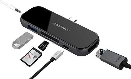 ARCANITE, Hub USB-C premium, output 60 W, 4K x 2K HDMI, 1 porta USB 3.0 Type-A, lettore schede microSD e SD, jack audio da 3,5 mm, esterno in alluminio e vetro, per iPad Pro
