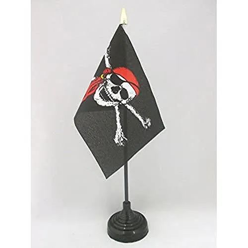 AZ FLAG Bandiera da Tavolo Pirata con Bandana Rosso 15x10cm Punta Dorata - Piccola BANDIERINA dei Pirati – Teschio 10 x 15 cm