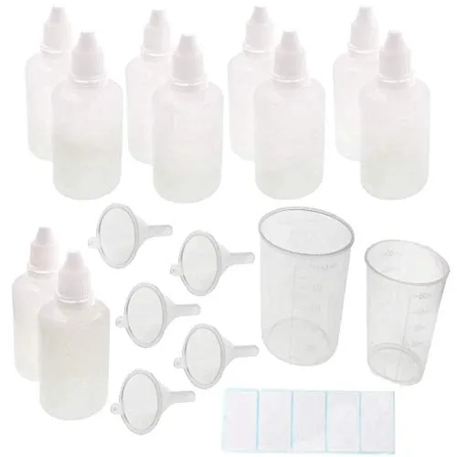 JZK 10 x Comprimibile 50 ml bottiglia flacone contagocce plastica con tappo e beccuccio + imbuto + dosatore + etichette adesive per liquidi e oilo