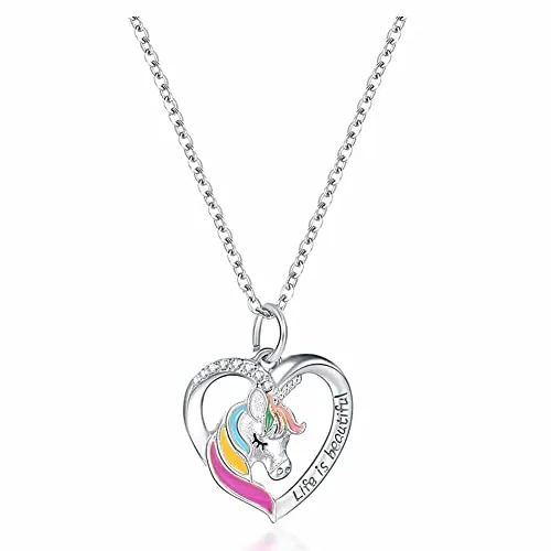 Collana da bambina con unicorno, con ciondolo a forma di cuore, ideale come regalo di compleanno (argento)