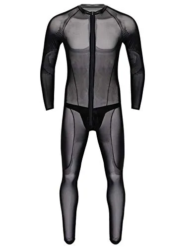 Freebily Body Uomo Sexy Hot Catsuit Aperta Erotico Lingerie Trasparente Biancheria Intima Saloppette Collant Uomo Sexy con String Maglietta Maniche Lunghe Pigiama Nero M