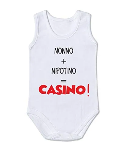 Body Neonato Canotta Divertente - Nonno + Nipotino = Casino - Body Neonato Canotta Nonni - Festa dei Nonni - Body Neonato Canotta Simpatici - Idea Regalo Canottiera Maschietto feminuccia