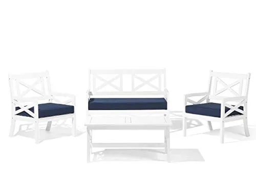 Set da Giardino in Legno Bianco con Cuscini Blu Baltic