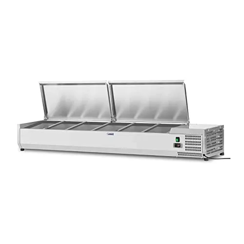 Royal Catering Vetrina Refrigerata RCKV-180/39-S8 (180 x 39 cm, 65 L, 8 x contenitori GN 1/3, 2-10 °C, 125 W, R600a, Termostato, Coperchio in acciaio inox)