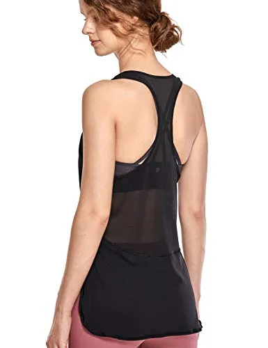 CRZ YOGA Donna Senza Maniche Sportivi Canotta Yoga Palestra Spaccature Laterali con Mesh Nero 46