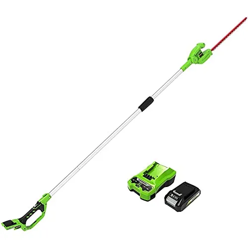 Tagliasiepi a batteria Greenworks, tagliasiepi ad asta lunga con batteria e caricabatterie, lame in acciaio a doppia azione da 51 cm, altezza massima di 2 m