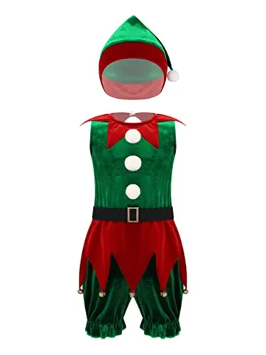Choomomo Costume Piccolo Aiutante di Babbo Natale Bambina Costumi da Elfo Natalizio Pagliaccetto Festa di Natale Senza Manica Ragazza Tuta Abito Travestimento + Cappello Verde 2-3 Anni