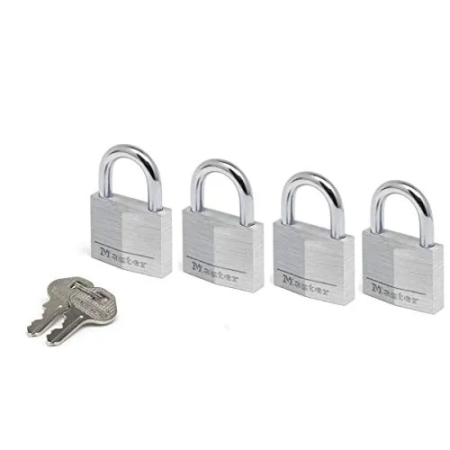 Master Lock 9140EURQNOP Confezione da 4 Lucchetti a Chiave in Alluminio, Grigio, 4 x 5.9 x 1.3 cm