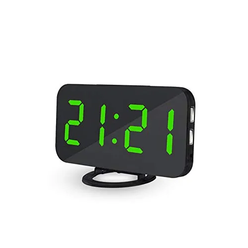 Tolyneil Sveglia LED Digitale, Orologio da Comodino con Orologio a Specchio a Forma di cifre con Due Porte USB per Caricabatterie, luminosità Regolabile, per arredo da casa (Green)