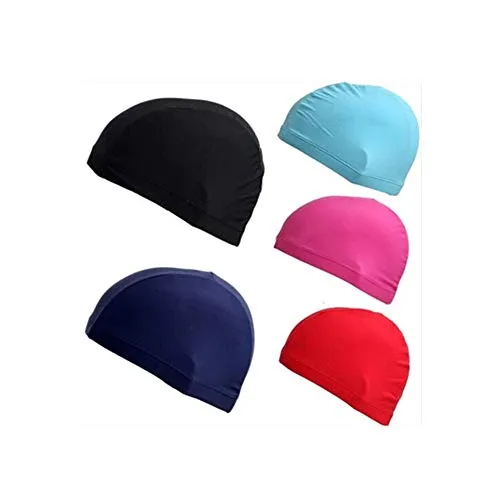 SIMUER 5 Pezzi Cuffia da Nuoto, Impermeabile Unisex Testa Cappello Capelli Lunghi per Uomini e Donne Nylon Tessuto Elastico per Sport Acquatici - Blu Nero Rosa Rosso Blu Scuro Arancione