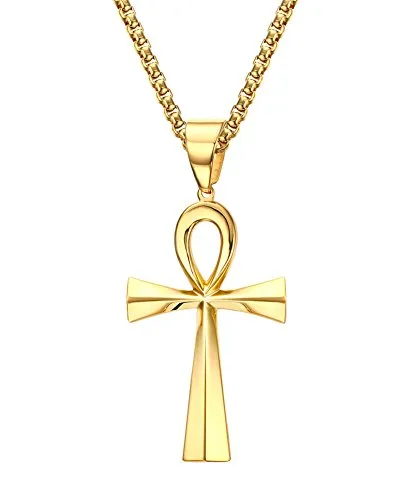 Vnox Ciondolo croce egiziana Ankh in acciaio inossidabile da uomo con catena da 60 cm Rolo,Oro