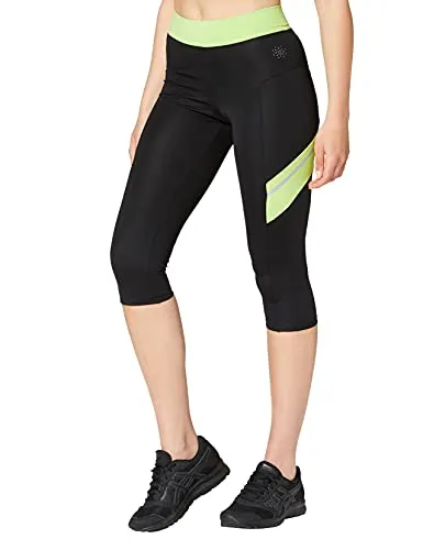 Marchio Amazon - AURIQUE Cropped, Leggings sportivi Donna, Multicolore (Black/Lime), 10 (Manufacturer size: Small)