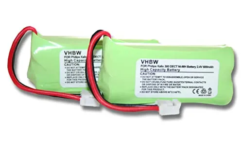 vhbw 2x NiMH Batteria 600mAh (2.4V) per Telefono Fisso Cordless Philips Xalio Vox 300 Duo sostituisce 2HR-AAAU, H-AAA600X2, H-AAA500X2.
