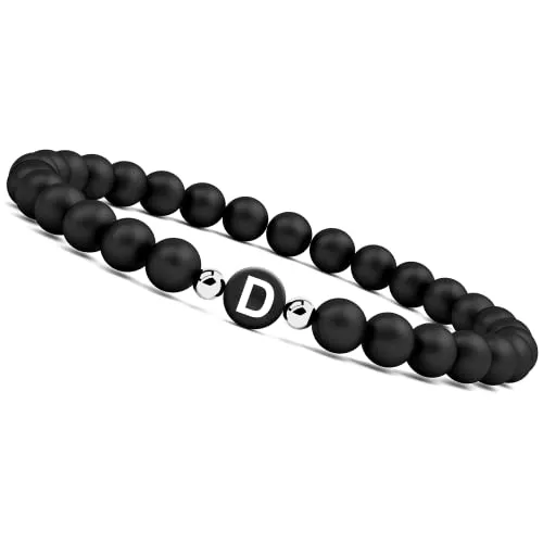 GD GOOD.designs EST. 2015 Bracciale con Iniziale D I Braccialetto Uomo e Donna con Lettera I Perline in onice Nero - Bracciali iniziali e' il regalo perfetto