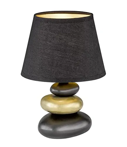 Fischer & Honsel Lampada da tavolo Pibe decorativa con base in ceramica effetto pietra, 1 x E14, in ceramica, colore nero, oro e paralume in tessuto nero, altezza: 17 cm, nero/oro/nero