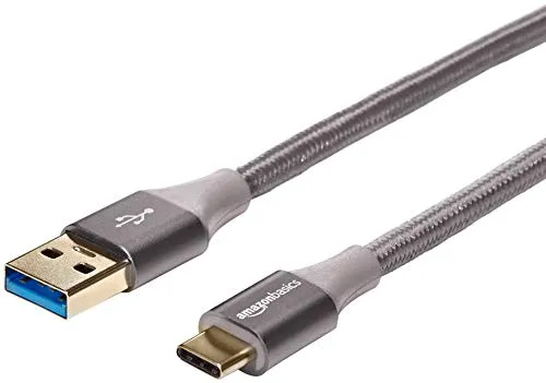 Amazon Basics Cavo in nylon intrecciato da USB-C a USB-A 3.1 Gen 1 a ricarica rapida,velocità 5 Gbps,certificazione USB-IF,per Apple iPhone 15,iPad, Samsung Galaxy,tablet, laptop, 3.05 m, grigio scuro