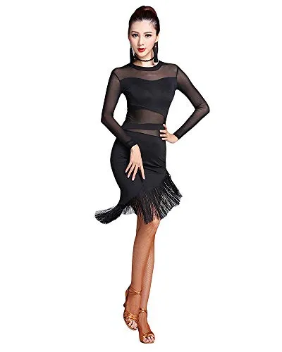 Jonact Donna Vestito da Ballo per Latino Tango Sala da Ballo Vestito Nero Manica Lunga Nappa Maglia Costume da Ballo Le Signore