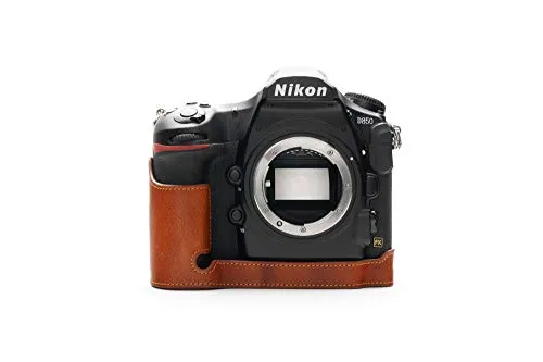 Zakao - Custodia per Nikon D850, realizzata a mano, in vera pelle, con apertura inferiore, con cinturino da polso, colore: Marrone Lava