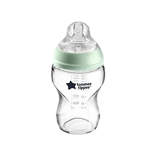 Tommee Tippee Closer to Nature Glass Baby Bottle, Slow Flow Breast-Like Teat with Anti-Colic Valve, 250ml, Pack of 1, Clear