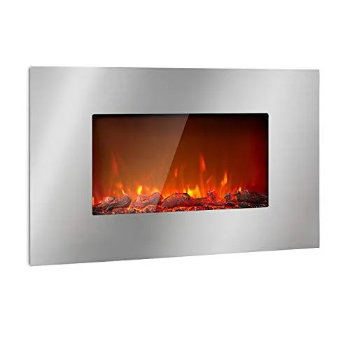 KLARSTEIN Lausanne Luxe - Camino Elettrico, 2000 W, 2 Livelli di Calore, Larghezza: 90 cm, Effetto Fiamma, Luminosità Regolabile, Telecomando, Montaggio a Parete, Acciaio Inox Spazzolato