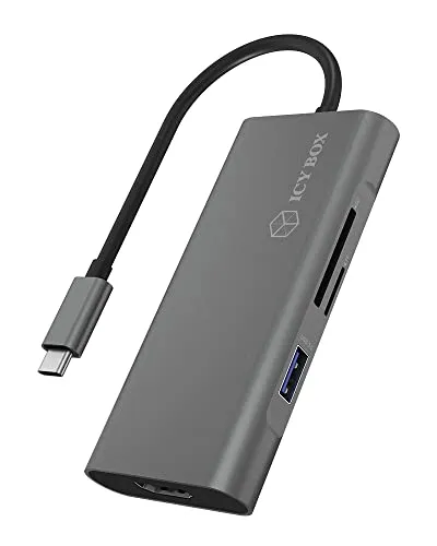 ICY BOX - Dock USB-C con HDMI 4K, Power Delivery 100 Watt, lettore di schede SD, 4 porte USB 3.0, alluminio, antracite