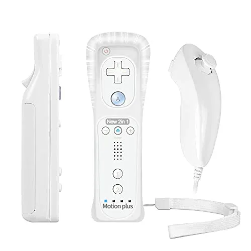 PowerLead Controller per Nintendo Wii,Telecomando Built in Motion Plus e controller Nunchuck compatibili con Nintendo Wii e Wii U + Custodia in silicone (bianca)