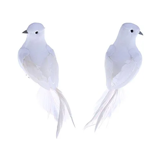 Demiawaking 2pcs Colombe Bianche Decorative a Coda Lunga Uccellini Finti con Piume Decorazioni Matrimonio Giardino