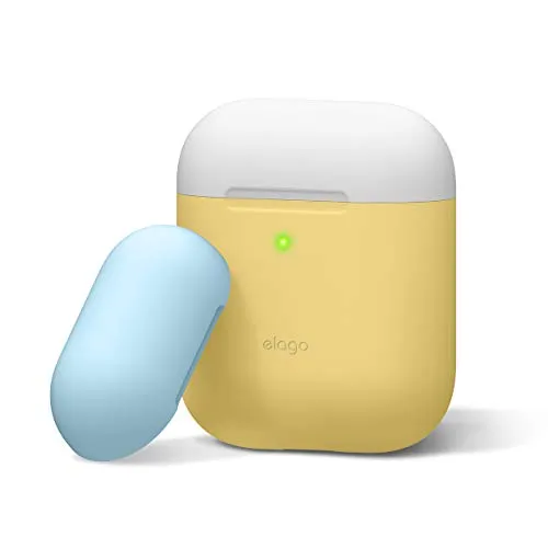 Elago - Cover in silicone compatibile con custodia di ricarica Apple AirPods (LED visibile), 2 tappi e 1 corpo inclusi, colore corpo giallo, colore tappi blu pastello e bianco