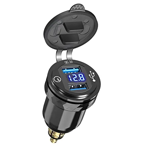 Alluminio QC 3.0 Adattatore DIN Hella a USB per Moto BMW:Qidoe Doppio USB Presa Accendisigari Moto Impermeabile con Display Voltmetro per 12-24 Volt Barca Ducati Triumph e Altre Moto in Stile Europeo