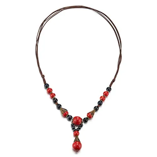COOLSTEELANDBEYOND Y-Forma Dichiarazione Collana Nero Rosso Pietre Perlina Charms Pendente Pendenti, Tribal Etnico Arte Popolare