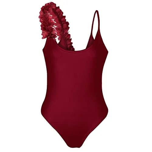 Yuson Girl Costume da Bagno Intero Sexy Bikini Set per Donna Imbottiti con Fiori Bikini Costumi da Bagno Donna(Vino Rosso, XL)