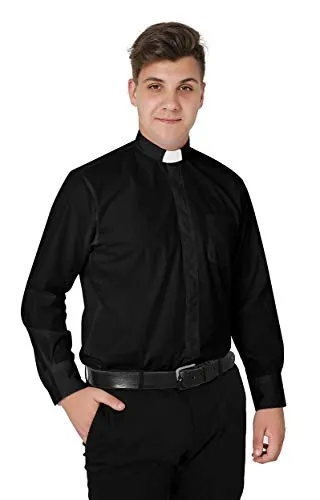 IvyRobes Camicia Prete a Maniche Lunghe da Uomo Clergyman con Colletto Sacerdote per Unisex Nero