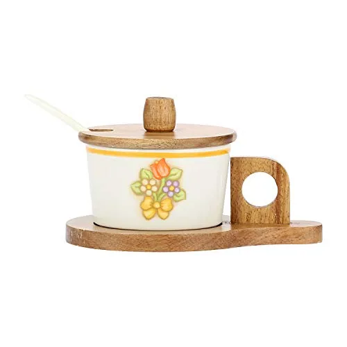 THUN - Formaggera da Tavola, con Decoro Floreale - Accessori Cucina - Linea Country - Stoneware e Legno di Acacia - 15 x 11 x 8,5 cm