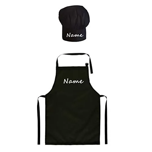 Set Cappello da cuoco e grembiule regolabile Per i bambini con il tuo nome accessori da cucina con il testo desiderato Nero [099]