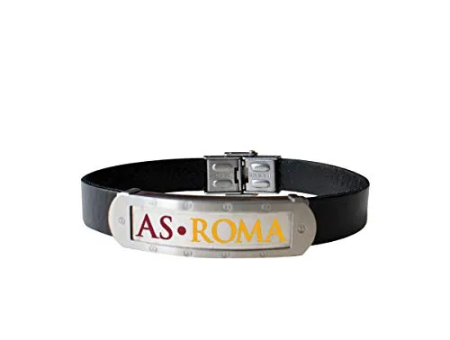 A.S. ROMA Bracciale in Cuoio con Piastra in Acciaio e Wording Serigrafato - Prodotto Ufficiale