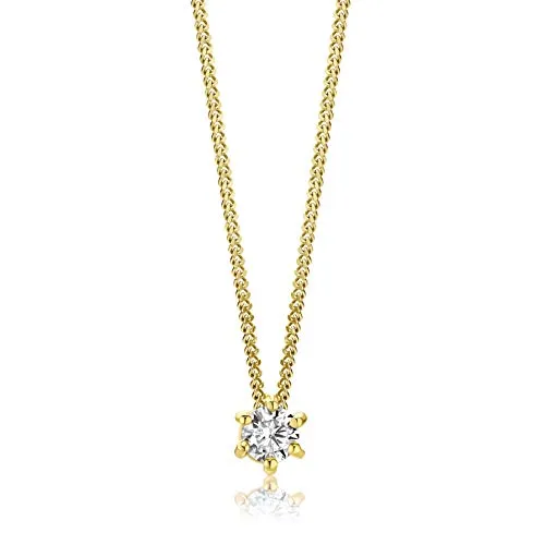 Orovi, collana da donna in oro giallo 0,10 carati con ciondolo solitario diamante brillante oro 14 carati (585), lunghezza 45 cm, fatta a mano in Italia